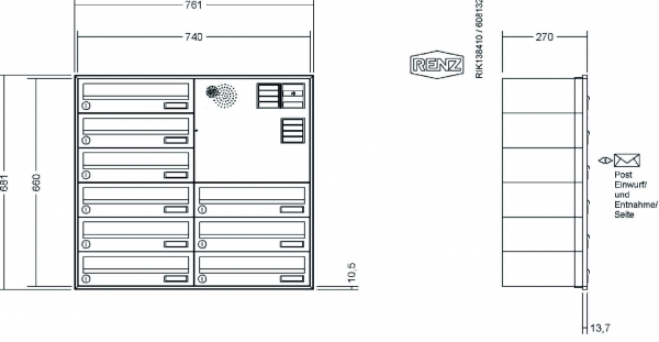 RENZ Briefkastenanlage Unterputz, Schattenfugenrahmen, Kastenformat 370x110x270mm, mit Klingel - & Lichttaster und Vorbereitung Gegensprechanlage, 9-teilig,